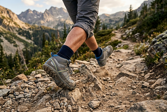 Hiker wearing outdoor footwear on a rocky trail