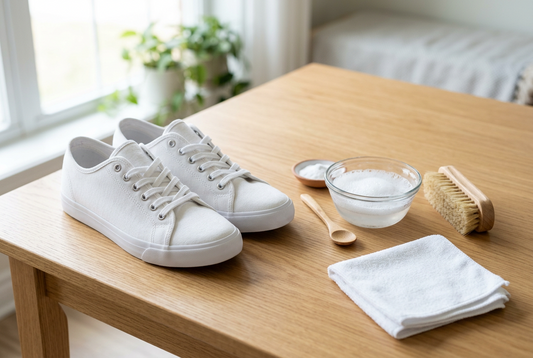 White fabric shoes and gentle cleaning supplies ready for stain removal
